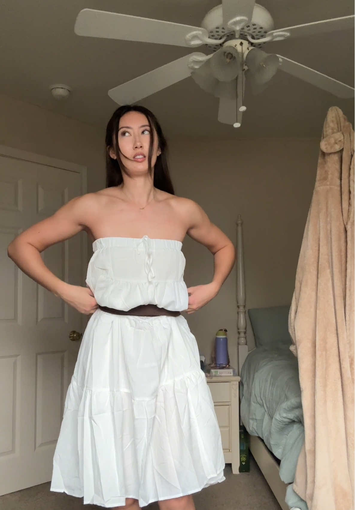 What dress do I wear!!? It’s for a graduation. The way I tried to turn the skirt into a dress 😭 #helpmepickadress #whatdoiwear 