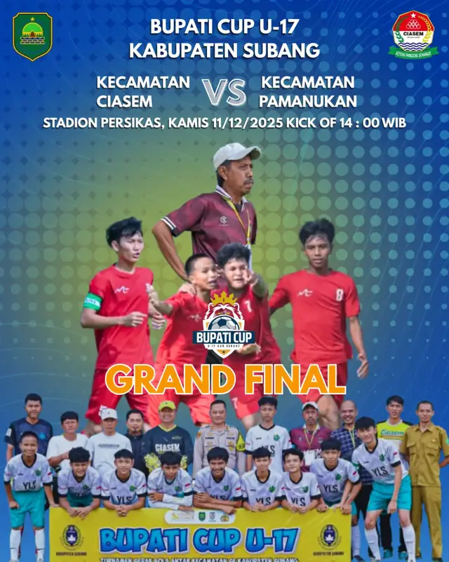 GRAND FINAL BUPATI CUP U-17 ⚽️ Kecamatan Ciasem melaju ke final dan siap bertarung menghadapi Kecamatan Pamanukan! 📅 11 Desember 2025 ⏰ 14.00 WIB 🏟 Stadion Persikas Mari dukung dan doakan tim terbaik kita! Ciasem Juara! 🟢⚽️🏆