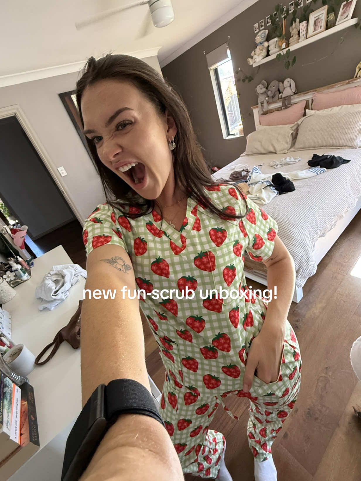 so grateful for another beautiful set of scrubs thanks to @happyscrubin 🍓 #funscrubs #nursetok #healthcareworker #enrollednurse #enrollednursetoregisterednurse 