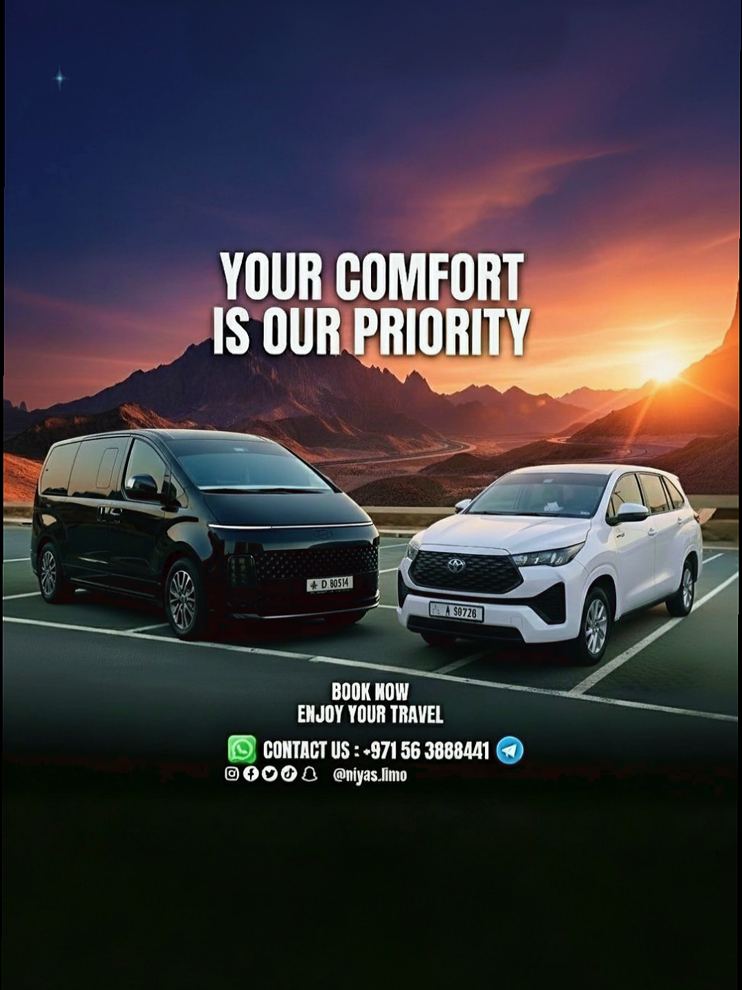 🌟 Niyas Limousine – Premium Chauffeur & Taxi Services 🚖 Professional Transportation Across the UAE Services Offered Airport Transfers: Pick-up and drop-off at all major airports — Dubai, Abu Dhabi, and Ras Al Khaimah. Intercity & Hotel Transfers: Comfortable rides between cities and hotels across the UAE. Dubai & Abu Dhabi City Tours: Explore the UAE’s top attractions with experienced English-speaking drivers. Event Transportation: Reliable service for weddings, meetings, and special occasions. Hourly Chauffeur Service: Flexible travel options with premium vehicles. 🚗 Our Vehicles Hyundai Staria Premium (9-Seater) Toyota Innova Hybrid SUV Options Available 💎 Why Choose Us 24/7 Availability Professional, English-speaking drivers Comfortable, clean, and spacious vehicles Fixed transparent pricing Safe and on-time service 📍 Location Ras Al Khaimah, United Arab Emirates 📞 Contact 📱 +971 56 388 8441 (WhatsApp / Telegram) 📧 niyas.limo@outlook.com #niyaslimousine #niyaslimo #Marjanisland #rasalkhaimah #alhamravillage 