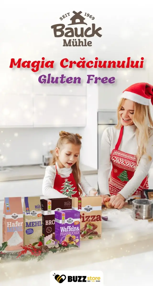 Bucură-te de magia Crăciunului Gluten Free alături de Bauckhof - gamă de produse concepute special pentru cei care aleg o alimentație fără gluten. 🎁🎅🏻 Ce face produsele Bauckhof atât de speciale? • 100% Gluten Free – Toate produsele sunt fabricate într-o unitate dedicată exclusiv producției fără gluten. • 100% Bio– Ingrediente curate, calitative, fără aditivi sintetici, fără organisme modificate genetic. • Versatilitate în bucătărie – Mixuri pentru brownies, pancakes, blat de pizza, biscuiți și făină ce pot fi folosite în o mulțime de rețete. • Pentru toată familia – Potrivite pentru copii, adulți, persoane cu sensibilitate sau intoleranță la gluten, dar și pentru cei care aleg un stil de viață mai sănătos. Fii unul dintre cei 50 de BUZZ-eri care vor testa produsele Bauckhof Gluten Free! 🐝 👉 Înscrie-te acum în campanie și descoperă cât de delicioasă poate să fie masa de Crăciun Gluten Free alături de Bauckhof!  #BUZZ_BauckhofGlutenFree #BauckhofGlutenFree #Bauckhof #CraciunulBauckhof