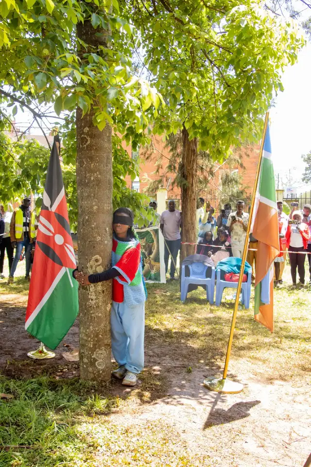 Blindfolded to give a tribute request for the people living with disability..