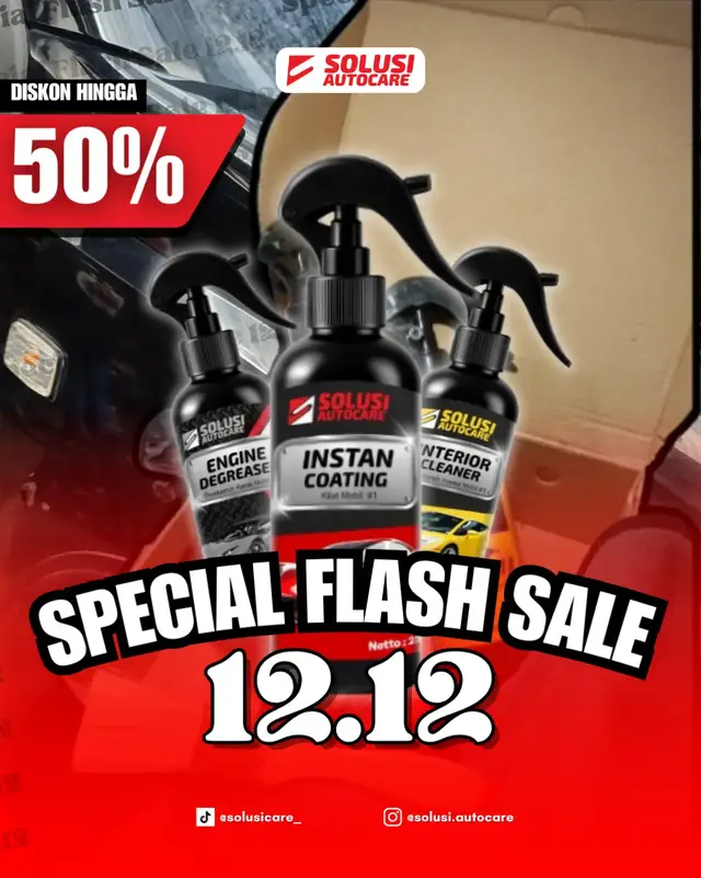 Buat kamu yang mau perawatan mobil hemat akhir tahun, Solusi AutoCare lagi buka Diskon 50% untuk produk andalan: 🔧 Instant Coating (kilap cepat + perlindungan cat) 🧼 Interior Cleaner (bersihin kabin, hilang bau & noda) ⚙️ Engine Degreaser (angkat oli & kotoran membandel di ruang mesin) Flash sale ini cocok banget untuk kamu yang ingin: • Bikin mobil kembali kinclong tanpa mahal • Rawat interior biar wangi dan nyaman • Bersihkan ruang mesin biar lebih rapi & mudah dicek • Persiapan long trip akhir tahun • Dapat produk care mobil premium dengan harga setengahnya ✨ Semua produk kualitas profesional, aman, dan hasilnya instan. Tapi ingat — stok terbatas dan promo cuma berlaku selama Desember 2025! 📌 Buruan checkout sebelum sold out. Mobil bersih, kinclong, dan terawat cuma setengah harga! #perawatanmobil #pengkilapmobil #solusiautocare #viral #fyp 