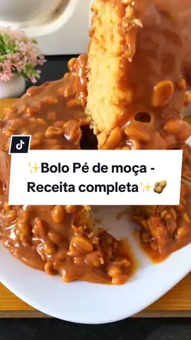 Bolo Pé de moça 🥰🥜 RECEITA COMPLETA!!! 💃🏾 Ingredientes: • Massa: 3 ovos 135g de açúcar  80ml de óleo 90ml de leite 50g de amendoim torrado  160g de farinha de trigo sem fermento  10g de fermento  (Forno pré-aquecido à 180° graus por 30 à 45 minutos). • Cobertura: 1 xícara de açúcar  1 colher de manteiga  1 cx de leite condensado  1 cx de creme de leite  1 xícara de amendoim torrado  (Em fogo médio, após misturar todos os ingredientes, começou a ferver, conta 3 minutinhos e desliga). #bolo #bolos #fyp #festajunina #foryou 